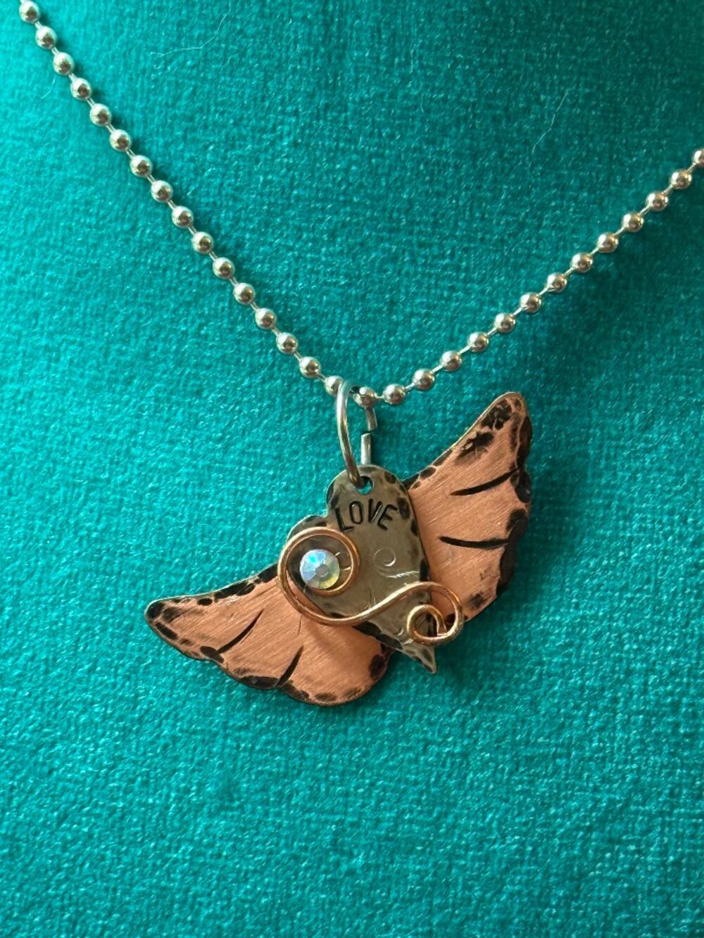 Vintage Artisan Copper Winged Heart Love Pendant Necklace 1990s
